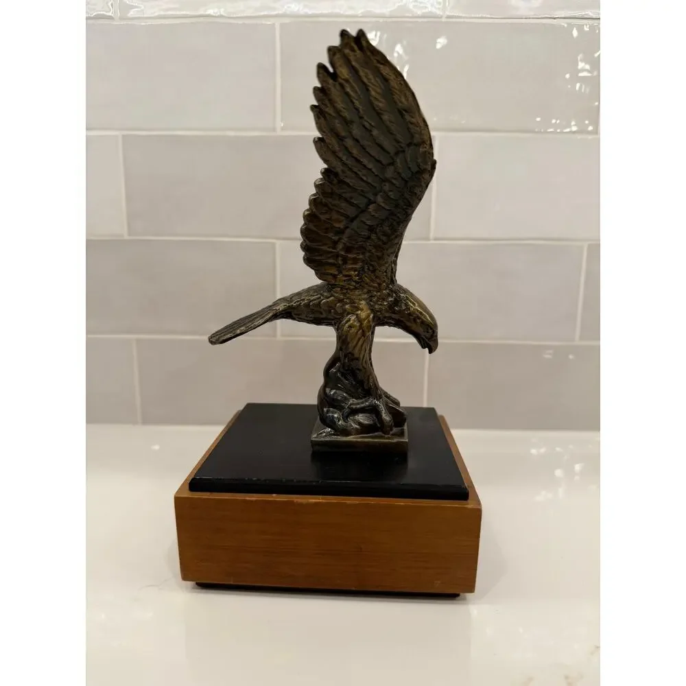 Vintage Antiqued Brass Signed‎ Eagle Sculpture on Base